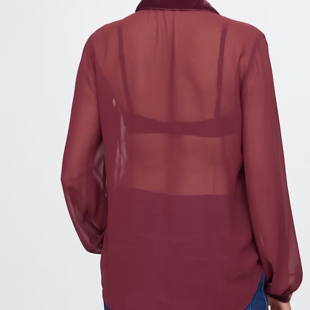 Gap Chic Burgundy Velvet Panel Blouse Classic Bib Shirt - Picture 6 of 6